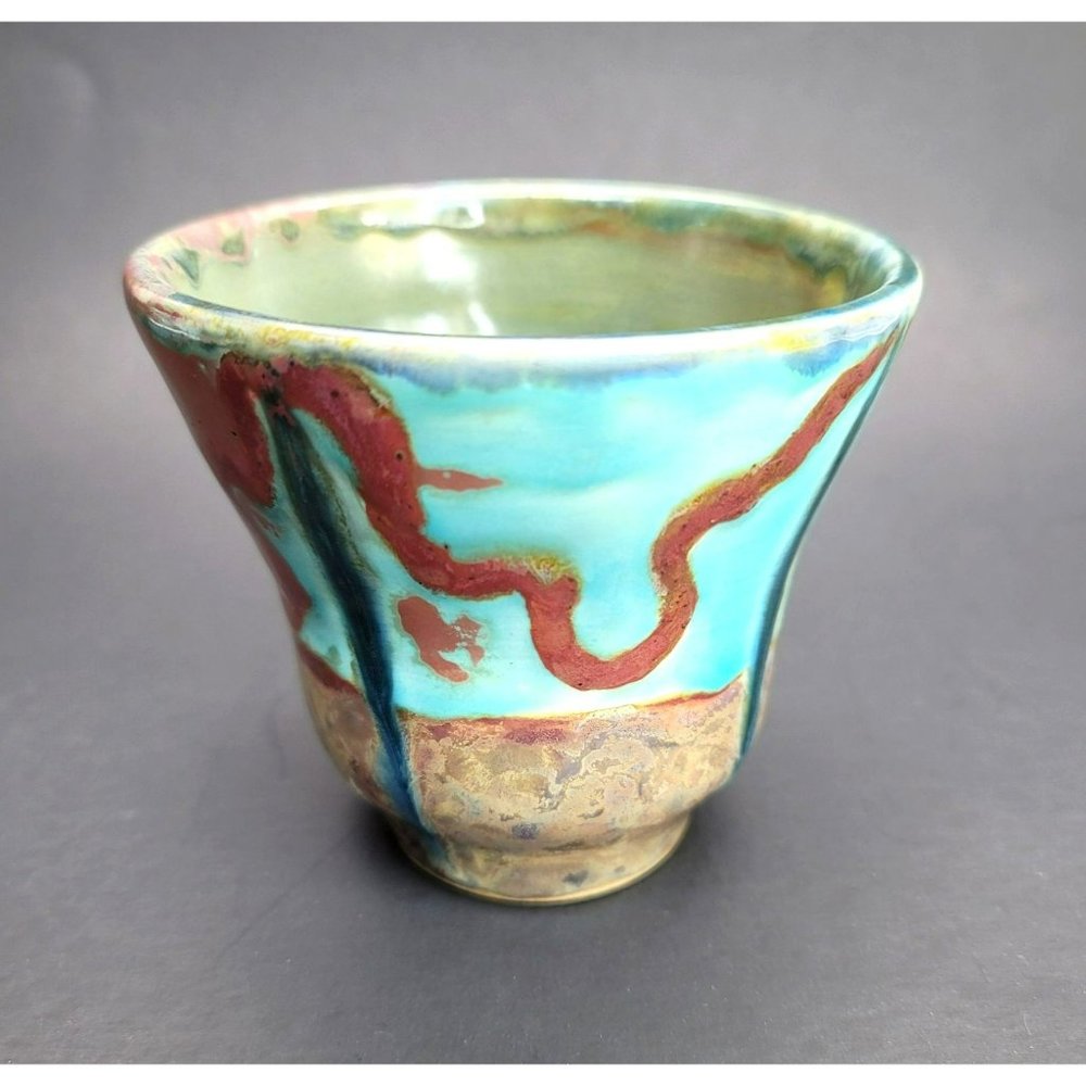 Sooz Glazebrook Footed Pot Bowl Art Pottery Artisan Signed Blue Copper JS8138